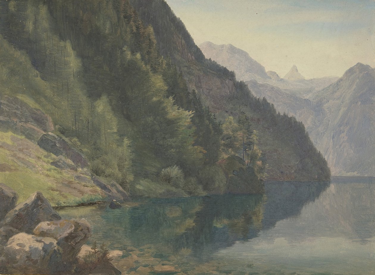 Skogkledd kyst ved King Lake Königsee, første halvdel av 1800-tallet. av Johann Heinrich Schilbach