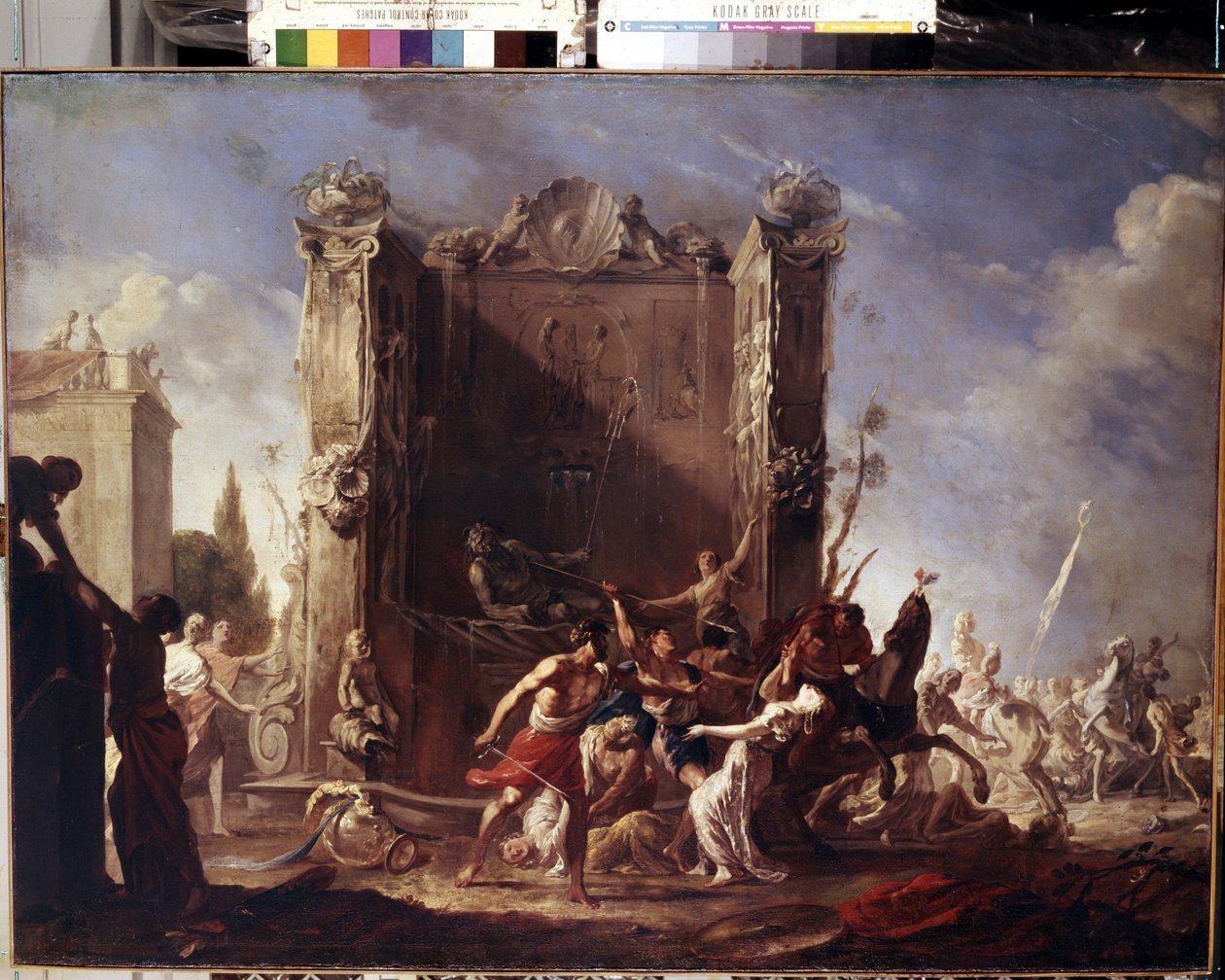 Voldtekten av sabinskvinnene. Maleri av Johann Heinrich Schoenfeld (1609-1684). Olje på lerret, 98,5 x 134 cm, ca 1630-1640. Tysk kunst, barokkkunst. Eremitasjemuseet, St. Petersburg. av Johann Heinrich Schonfeldt