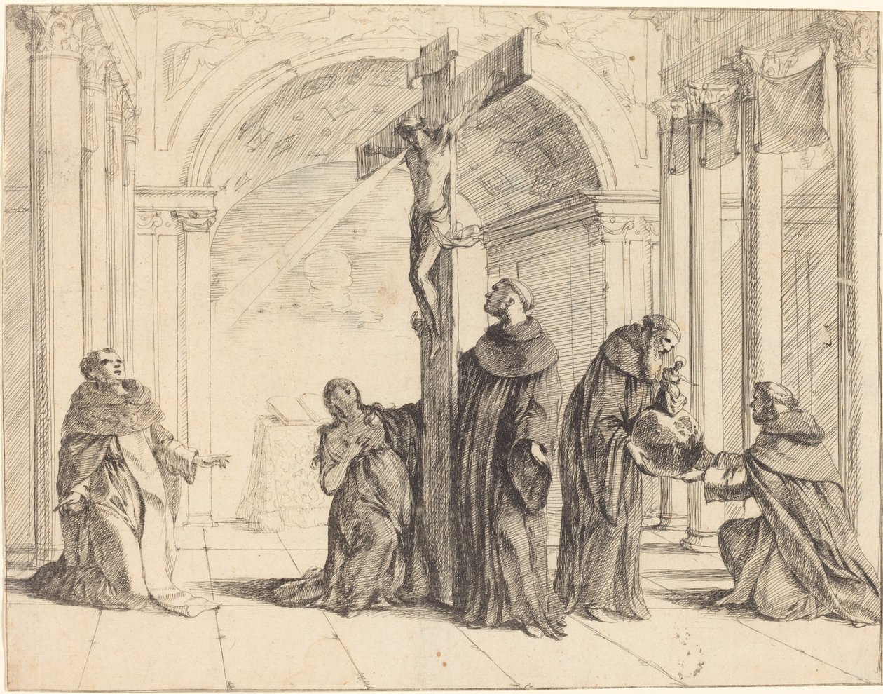 Et krusifiks i en kirke med de hellige Thomas Aquinas, Maria Magdalena, Albertus Magnus og andre av Johann Heinrich Schönfeld