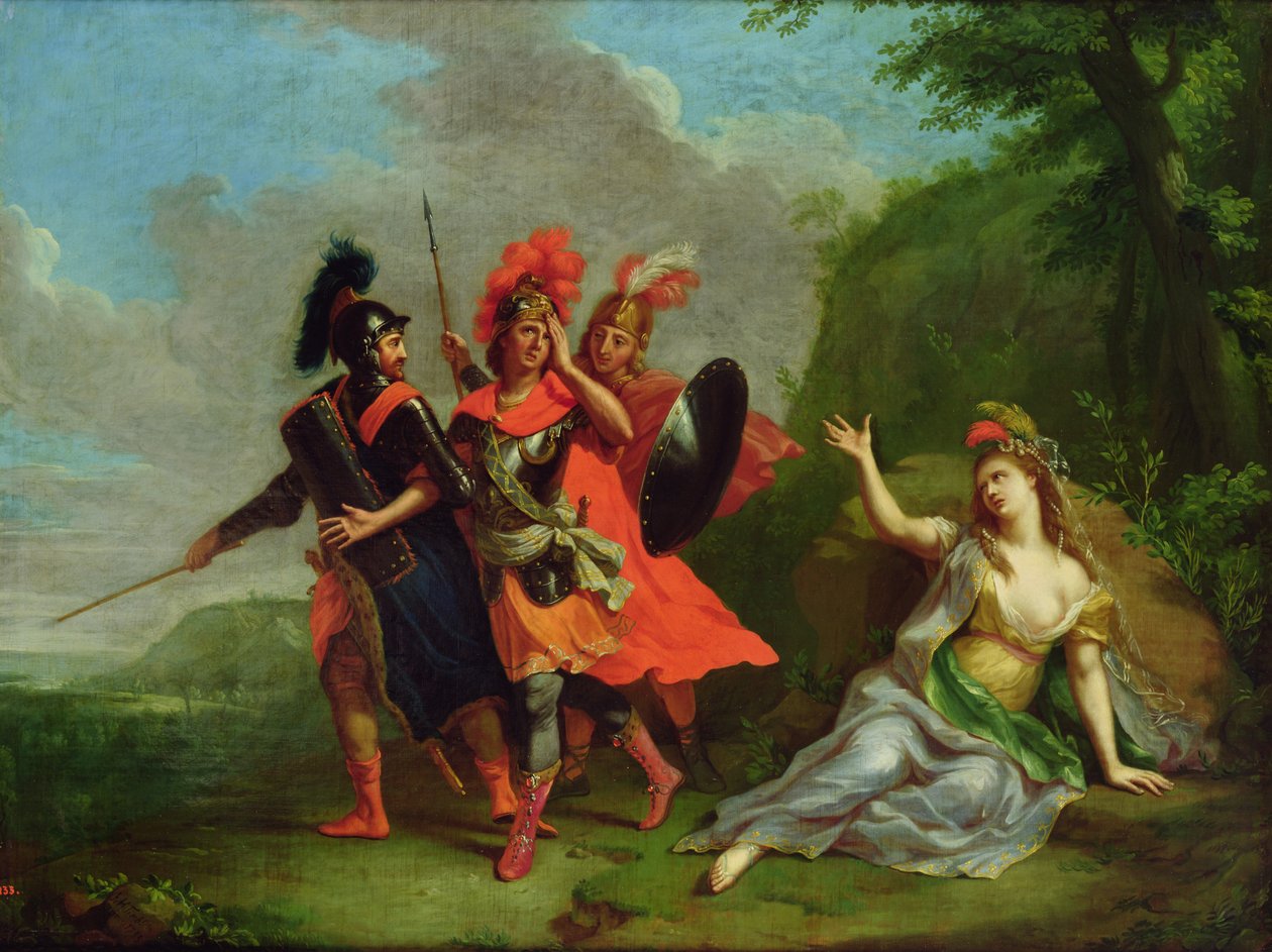 Carlo og Ubaldo snapper Rinaldo fra Armidas armer, 1783 av Johann Heinrich Tischbein