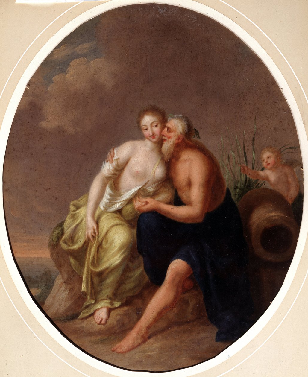 Guden for elver og en nymfe (Elvegud og en nymfe). Maleri av Johann Heinrich Wilhelm Tischbein (1751-1829) (også kalt Goethe-Tischbein eller Goethe Tischbein). Olje på lerret av Johann Heinrich Tischbein