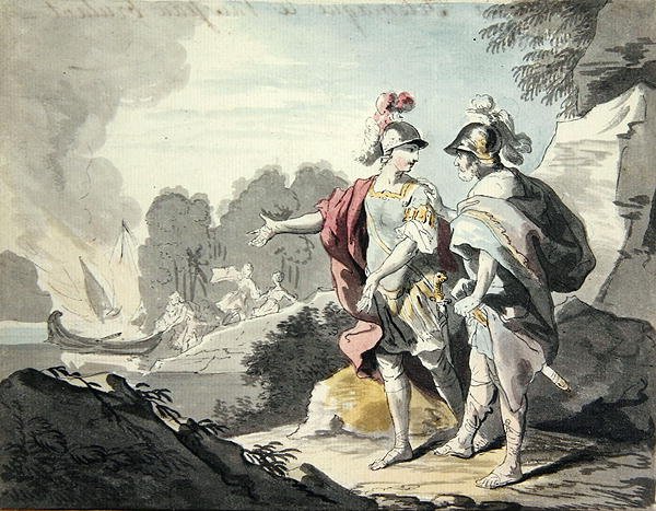 Nestor viser Telemachus skipet (grafitt og akvarell på papir) av Johann Heinrich Tischbein