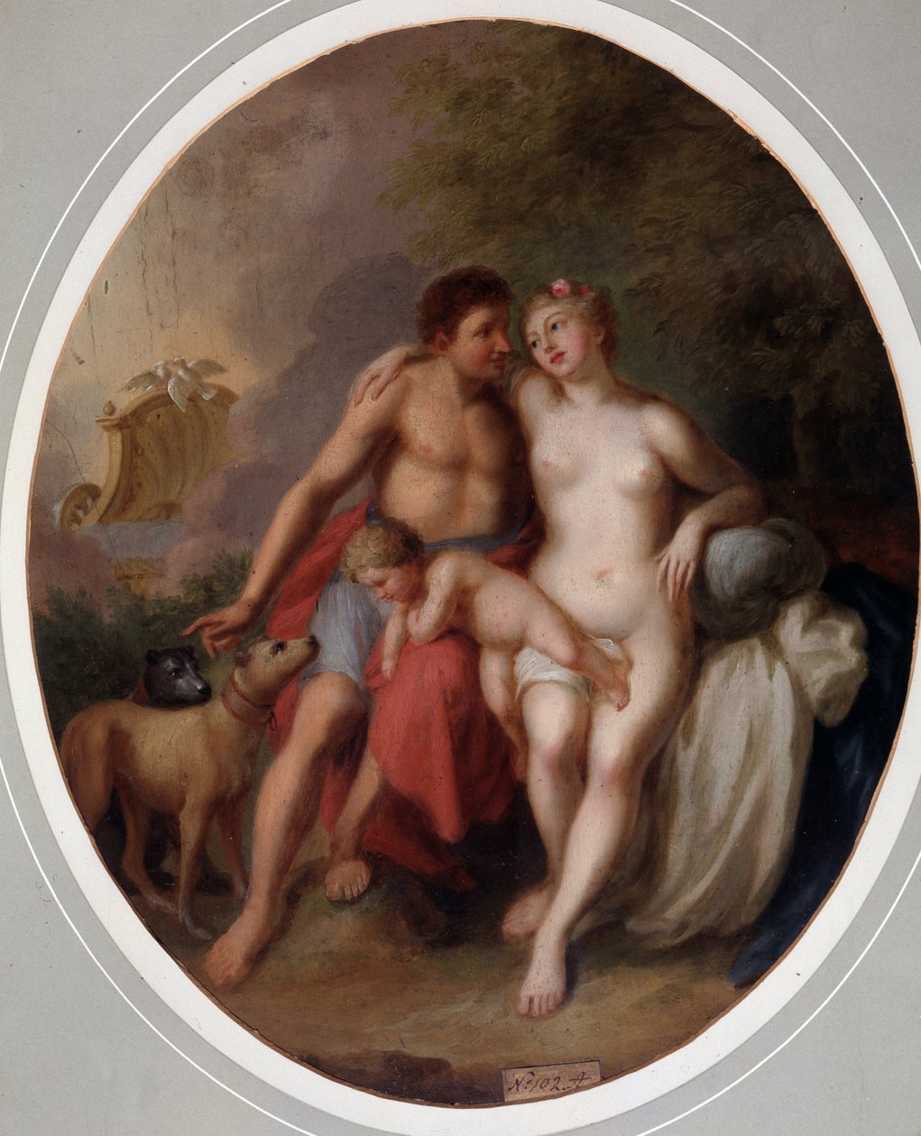 Venus et Adonis (Venus og Adonis). Maleri av Johann Heinrich Wilhelm Tischbein (1751-1829) (også referert til som Goethe-Tischbein eller Goethe Tischbein). Huile sur toile av Johann Heinrich Tischbein