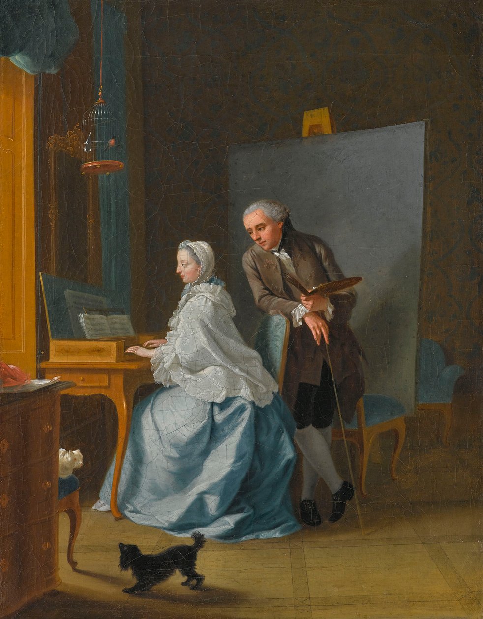 Selvportrett med kona Marie Sophie ved spinet, 1756. av Johann Heinrich Tischbein the Elder