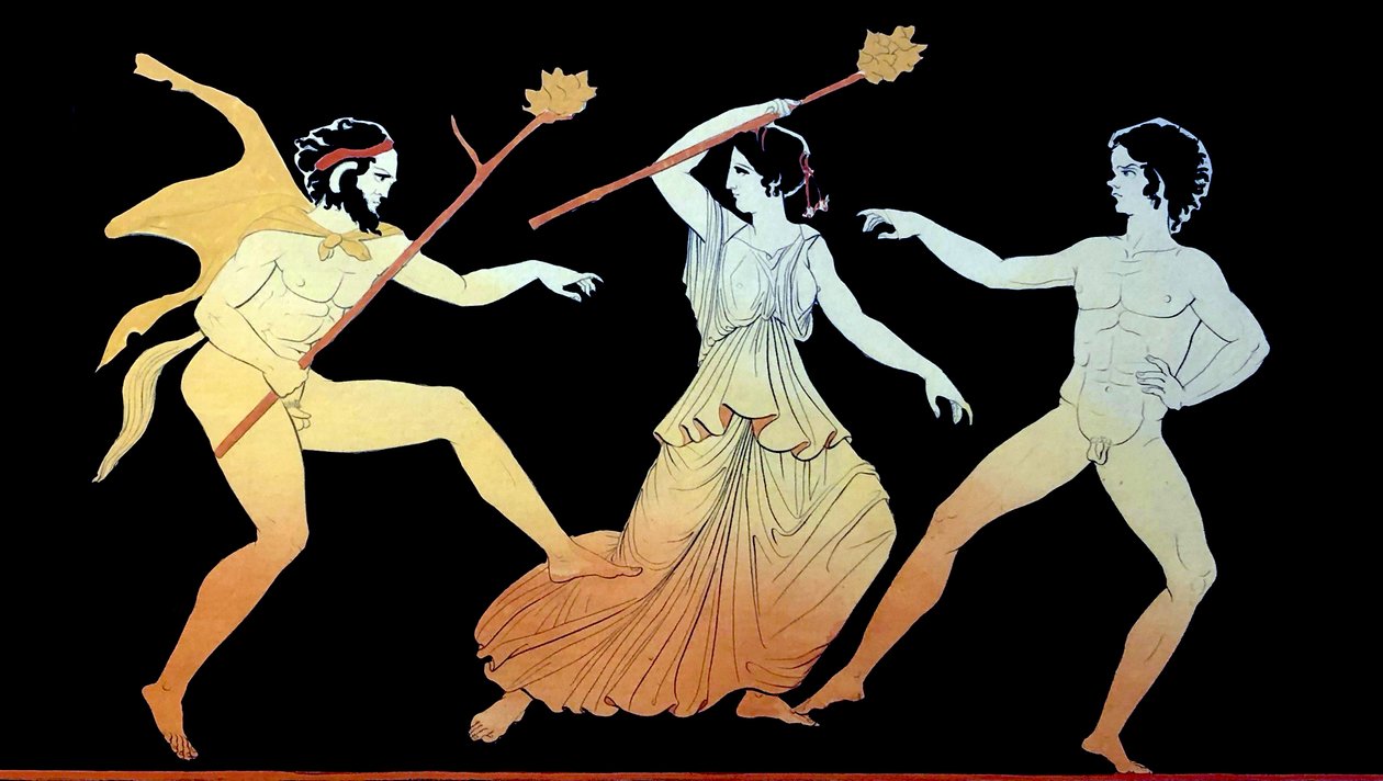 En satyr, en Maenad og mannlig tilhenger av Dionysos danser i vanvidd ca. 1796 (Kobberplategravering) av Johann Heinrich Wilhelm Tischbein