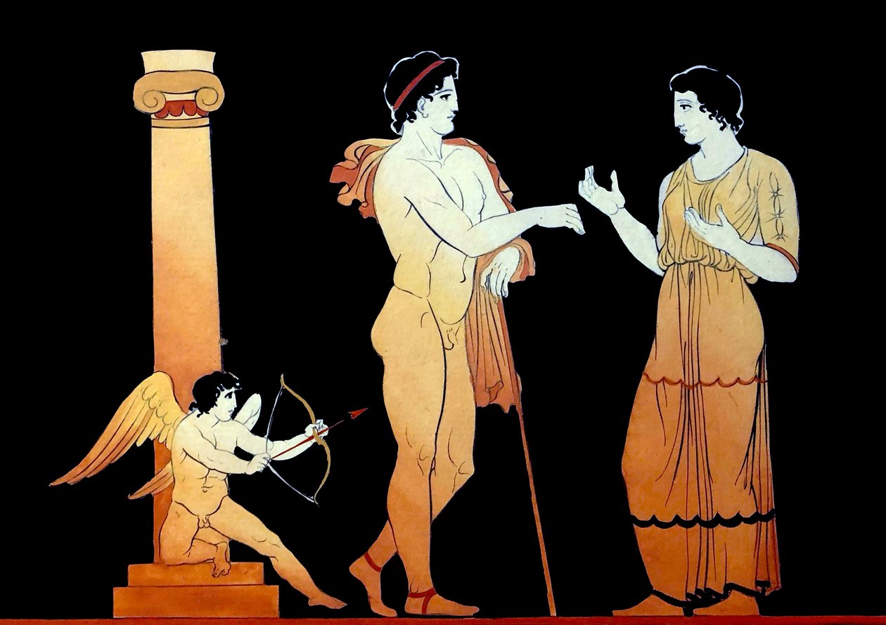 Eros retter en av pilene sine mot et ungt par som snakker ca. 1796 (Kobberplategravering) av Johann Heinrich Wilhelm Tischbein