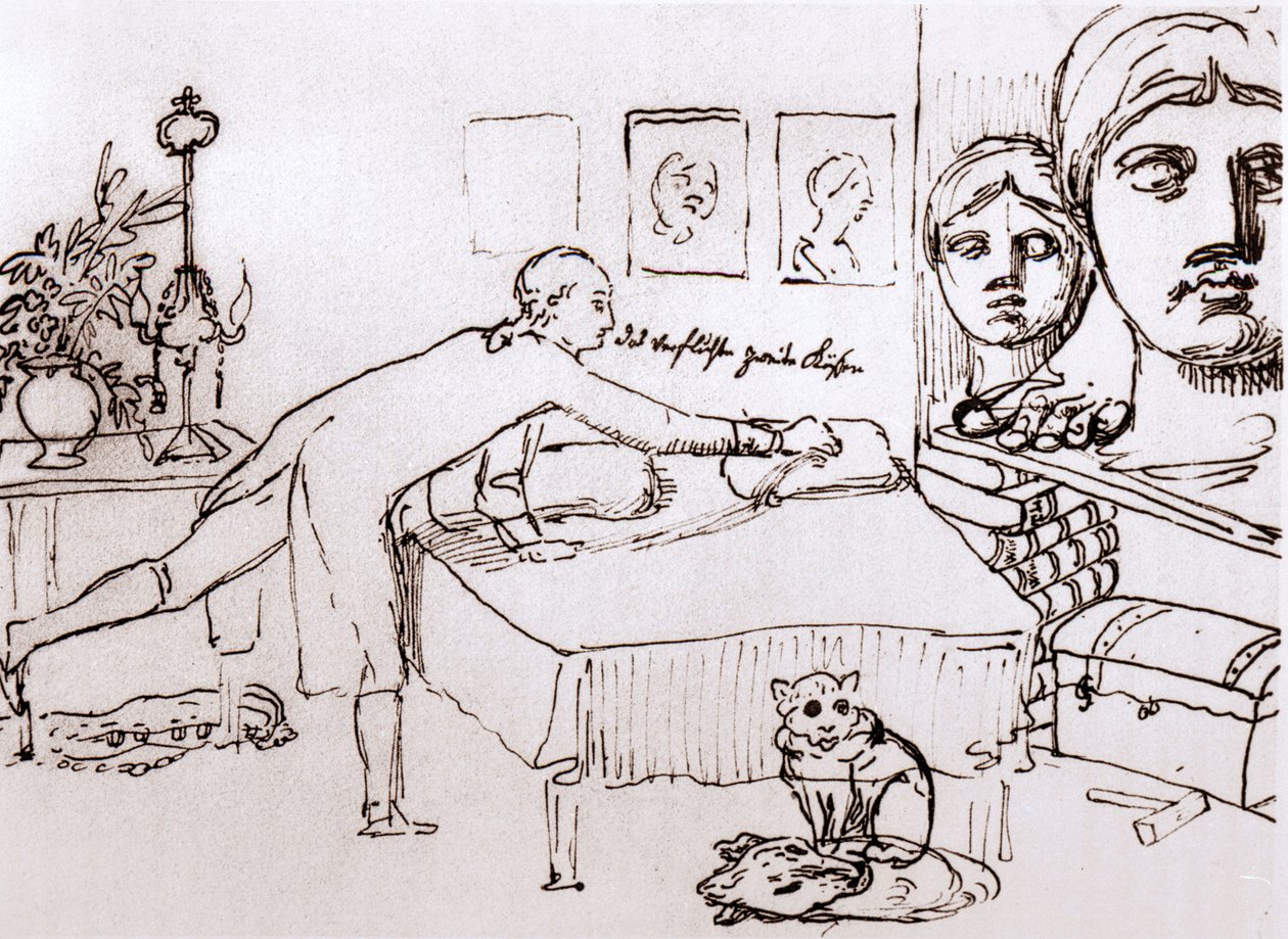 Johann Wolfgang Von Goethe i huset hans på Via del Corso i Roma. Tegning av Johann Heinrich Wilhelm Tischbein (1751-1829) (også kalt Goethe-Tischbein eller Goethe Tischbein). sd. 1700-tallet. av Johann Heinrich Wilhelm Tischbein
