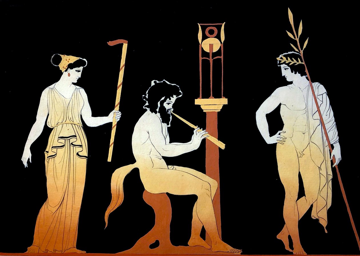 Plate som viser en kronet spillvinner som lytter til en Satyr som spiller fløyte ca. 1796 (Kobberplategravering) av Johann Heinrich Wilhelm Tischbein