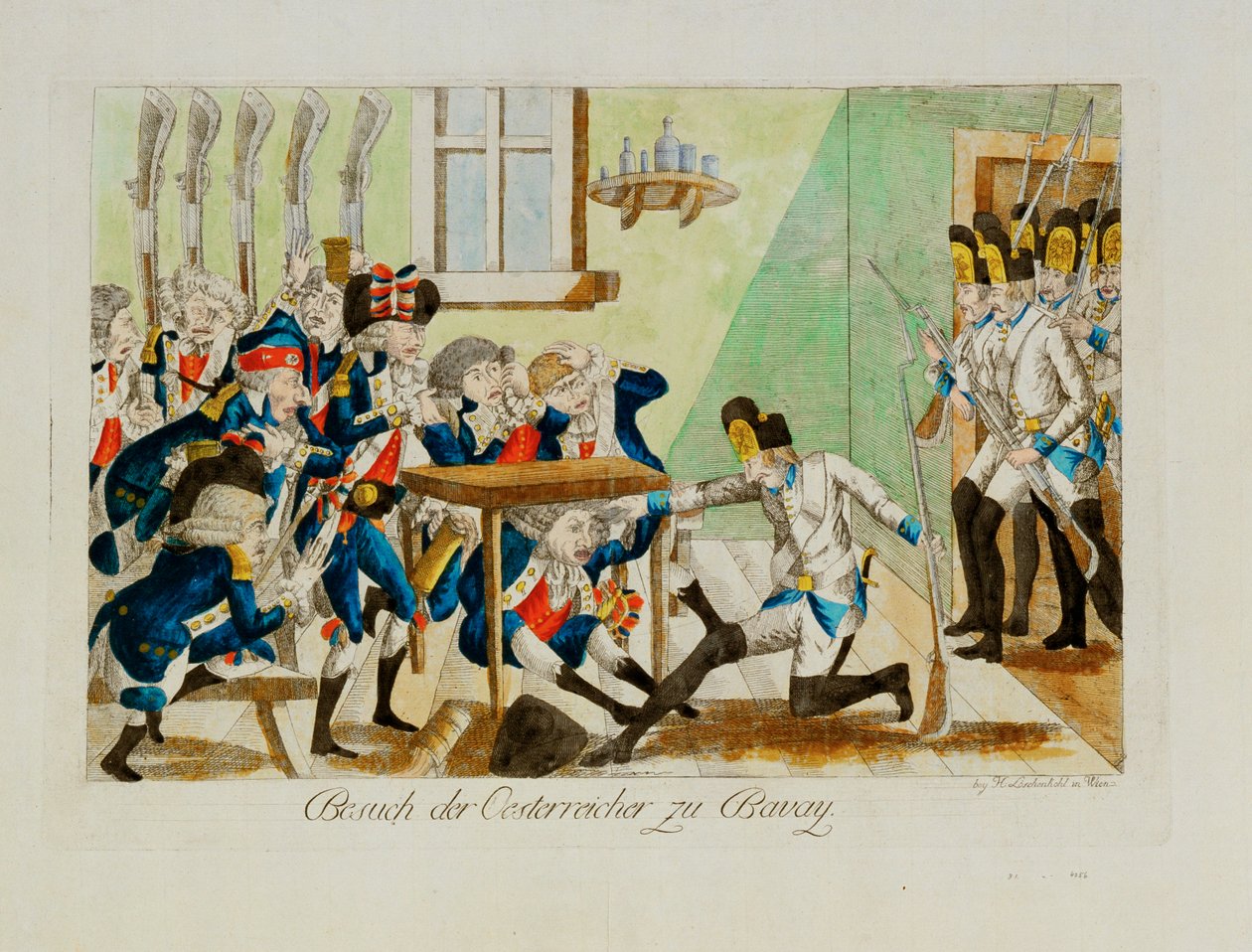 Østerrikske soldater overrasker en fransk avdeling i dens kvarter i Bavai … (gravering) av Johann Hieronymus Loeschenkohl