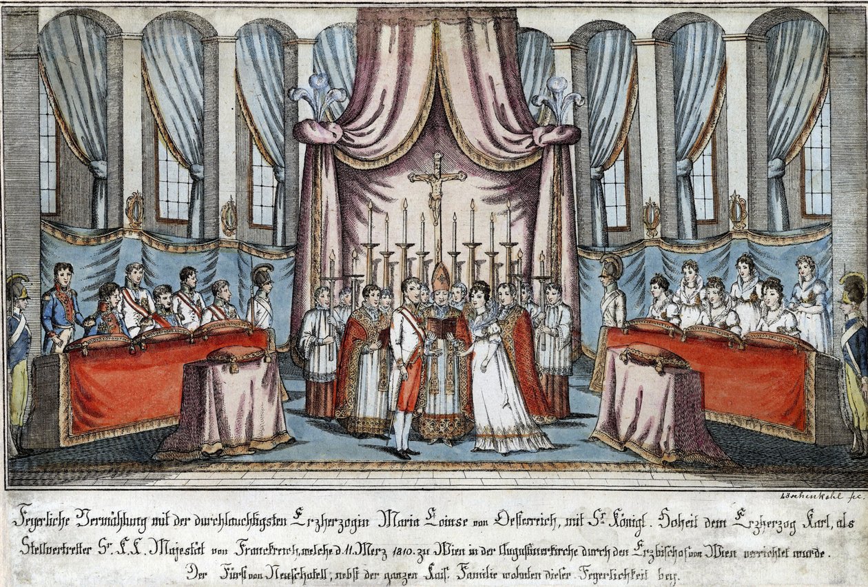 Marie-Louise giftet seg med Napoleon ved fullmektig i Wien, med erkehertug Charles som representant for Napoleon - Loeschenkohl, Johann Hieronymus (1753-1807) - 1810 - Etsning, akvarell - 33,4x44,5 - Privat samling av Johann Hieronymus Loeschenkohl