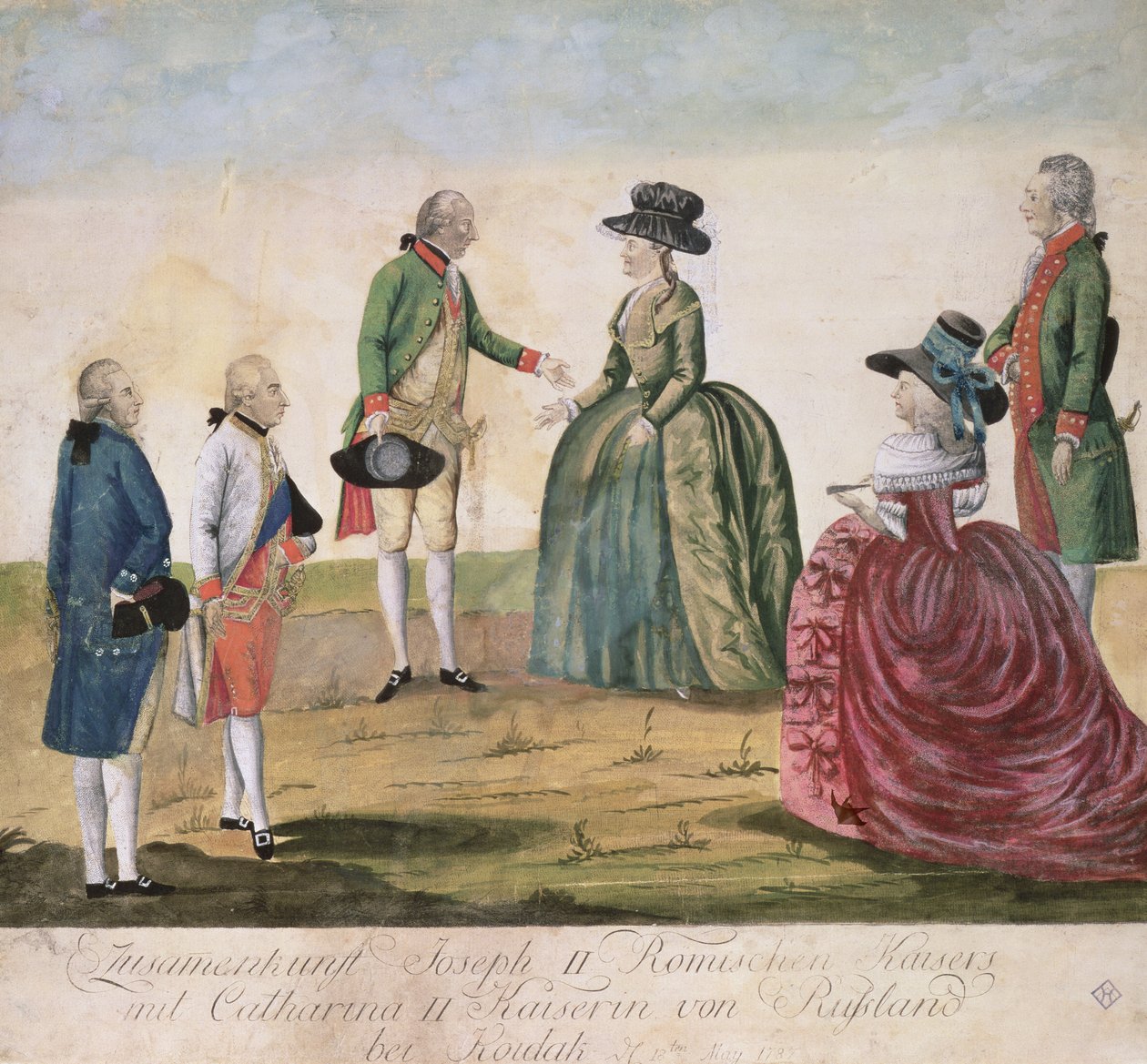 Møte mellom Josef II av Tyskland (1741-90) og keiserinne Katarina den store (1729-96) i Koidak, 18. mai, 1787 (farget kobberstikk) av Johann Hieronymus Loeschenkohl