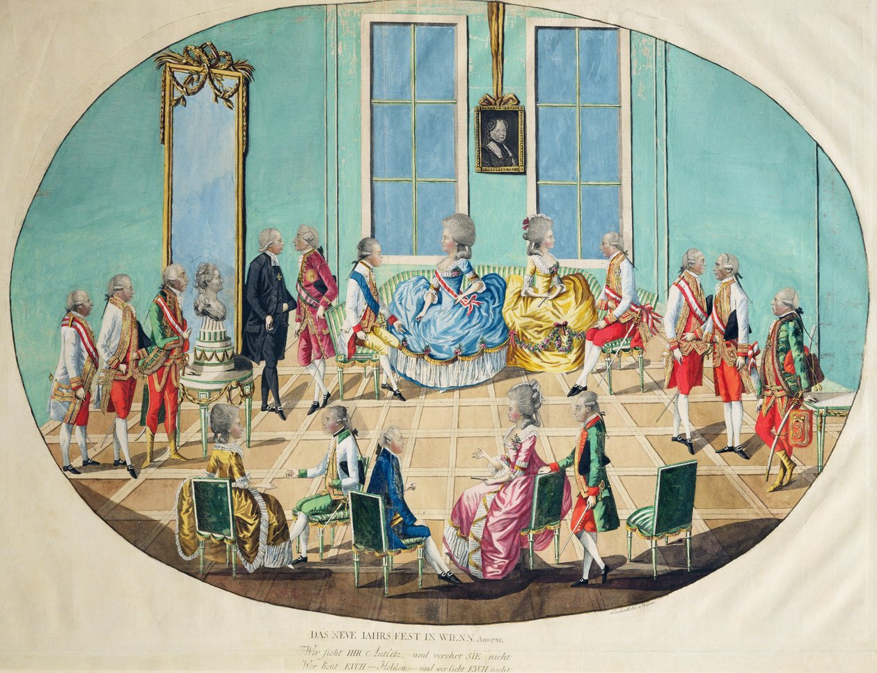 Nyttårsfeiring i Wien i 1782, 1783 (kobberstikk med wc) av Johann Hieronymus Loeschenkohl