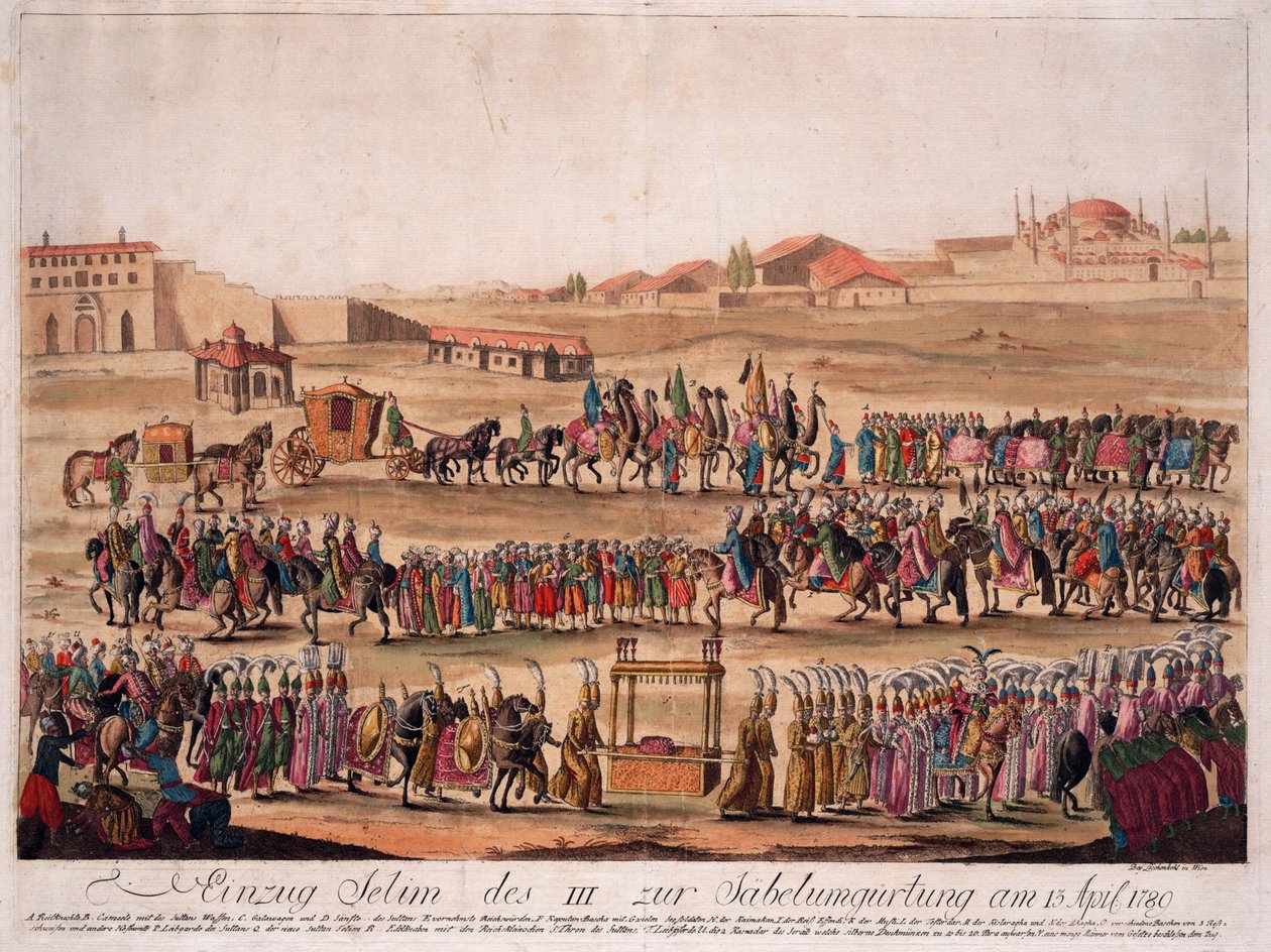 Sultan Selim IIIs (1761-1808) inntog i Sabelen 13. april 1789 - Loeschenkohl, Johann Hieronymus (1753-1807) - 1789 - Etsning, akvarell - 38,6x50,2 - Privat samling av Johann Hieronymus Loeschenkohl