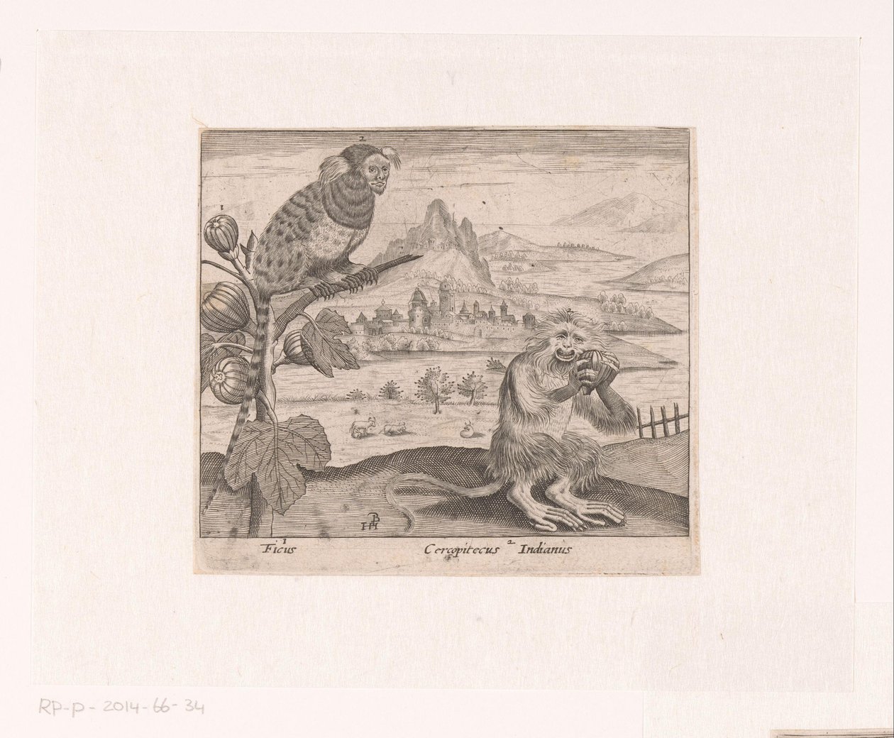 Serie med trykk med blomster og dyr i et landskap Landskap med fikentre og ape Landskap med dyr, planter og blomster (serietittel) av Johann Hogenberg