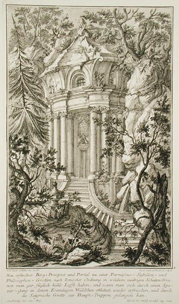 Tempel i en hage, gravert av Jacob Andreas Fridrich (1714-79) (gravering) av Johann Jacob (after) Schubler