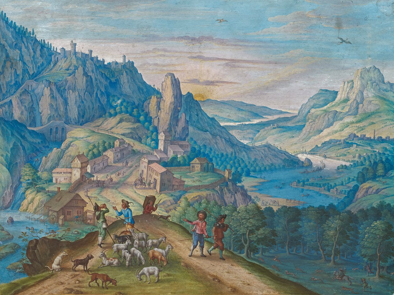 Fjelllandskap ved mørkets frembrudd med elvedal og figurer, 1640. av Johann Jacob Besserer