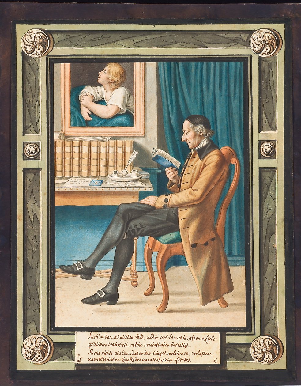 Portrett av Johann Caspar Lavater (1741-1801), i profil til venstre, sittende og leser en bok (akvarell over gravering) av Johann Jacob Lips