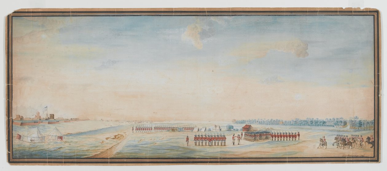 Britisk infanteri, innfødt infanteri og innfødt kavaleri som borer utenfor Fort St George, Madras av Johann Jacob Ludewig Rothmeyer