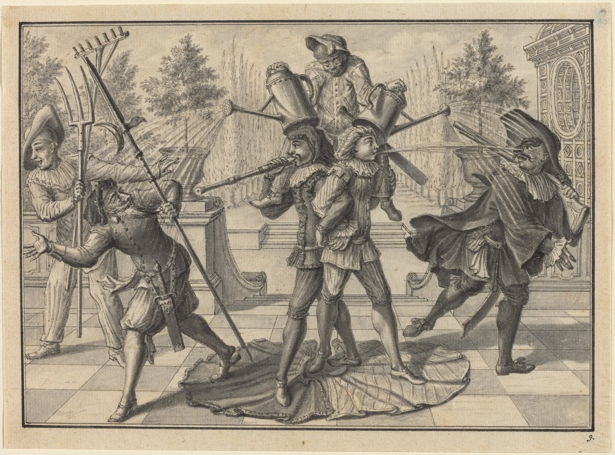 Harlekin og Scaramouche lager en "fontene" av Johann Jacob Schubler