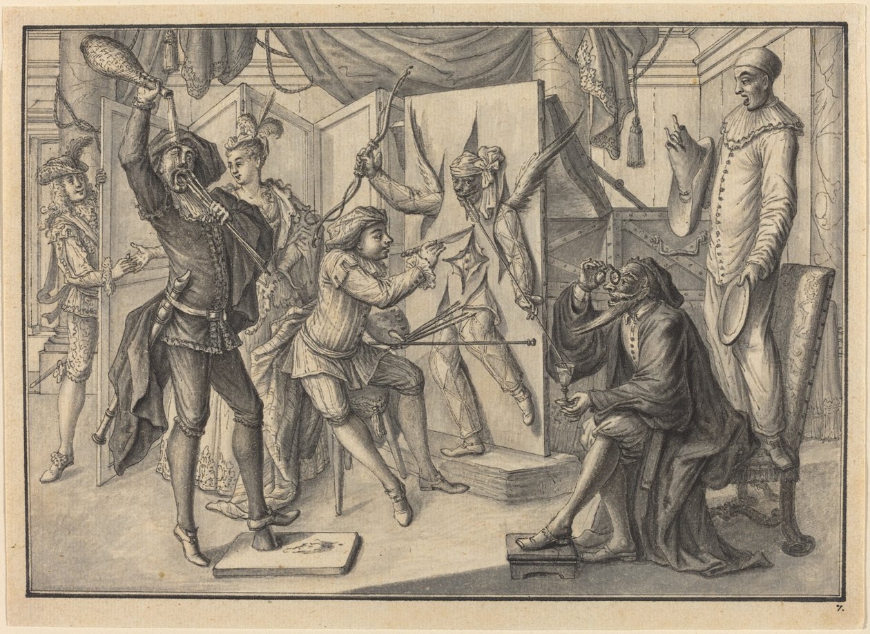 Mezzetin "maler" et portrett av Amor ved å klippe lerretet for å avsløre Harlekin av Johann Jacob Schubler