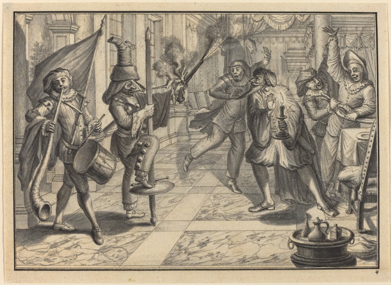 Mezzetin og Harlequin, forkledd som kapteinen, forstyrrer Pantaloons middag av Johann Jacob Schubler