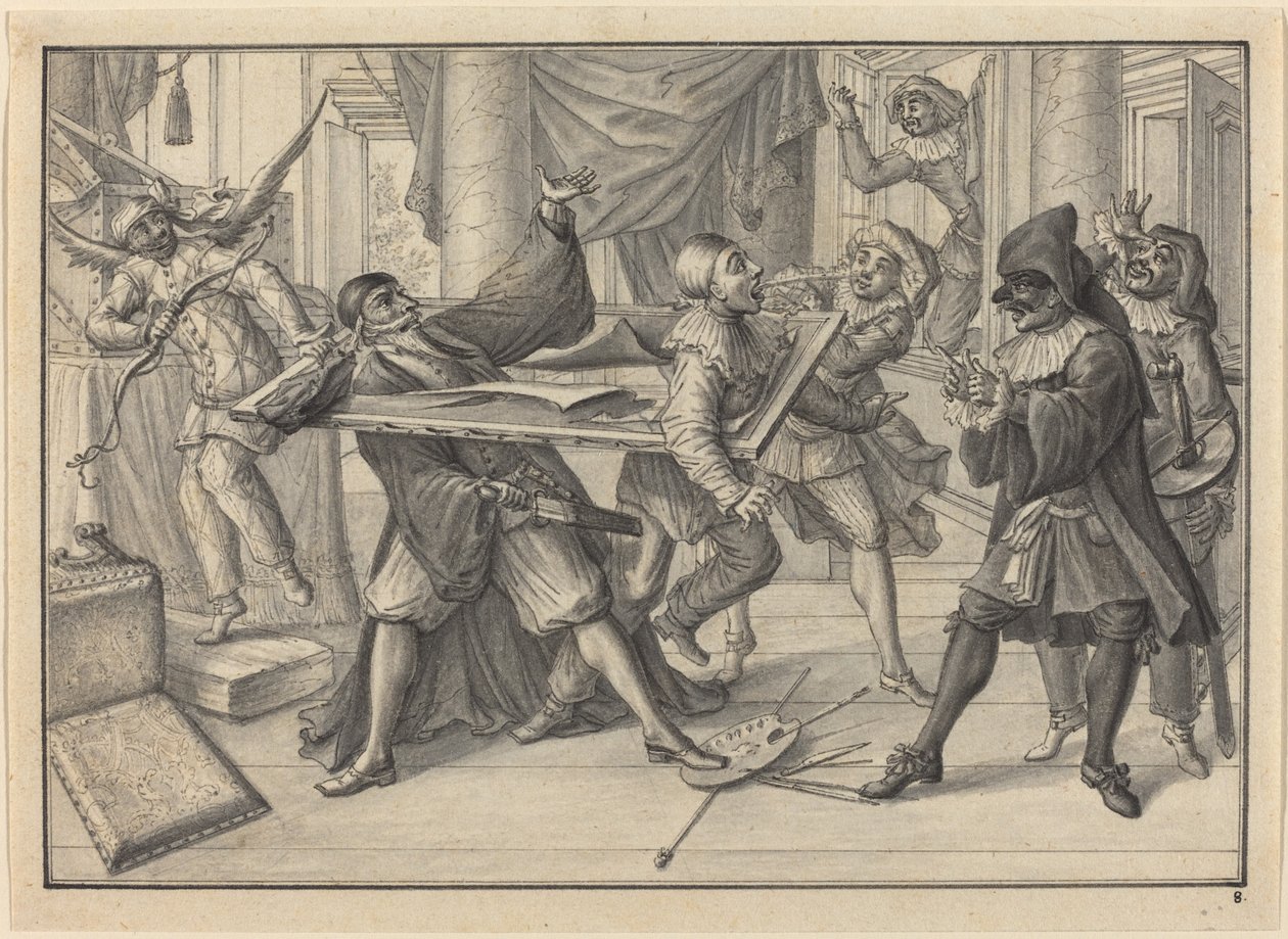Mezzetin og Harlequin Bruk bilderammen til å fange Pantaloon og Pierrot av Johann Jacob Schubler