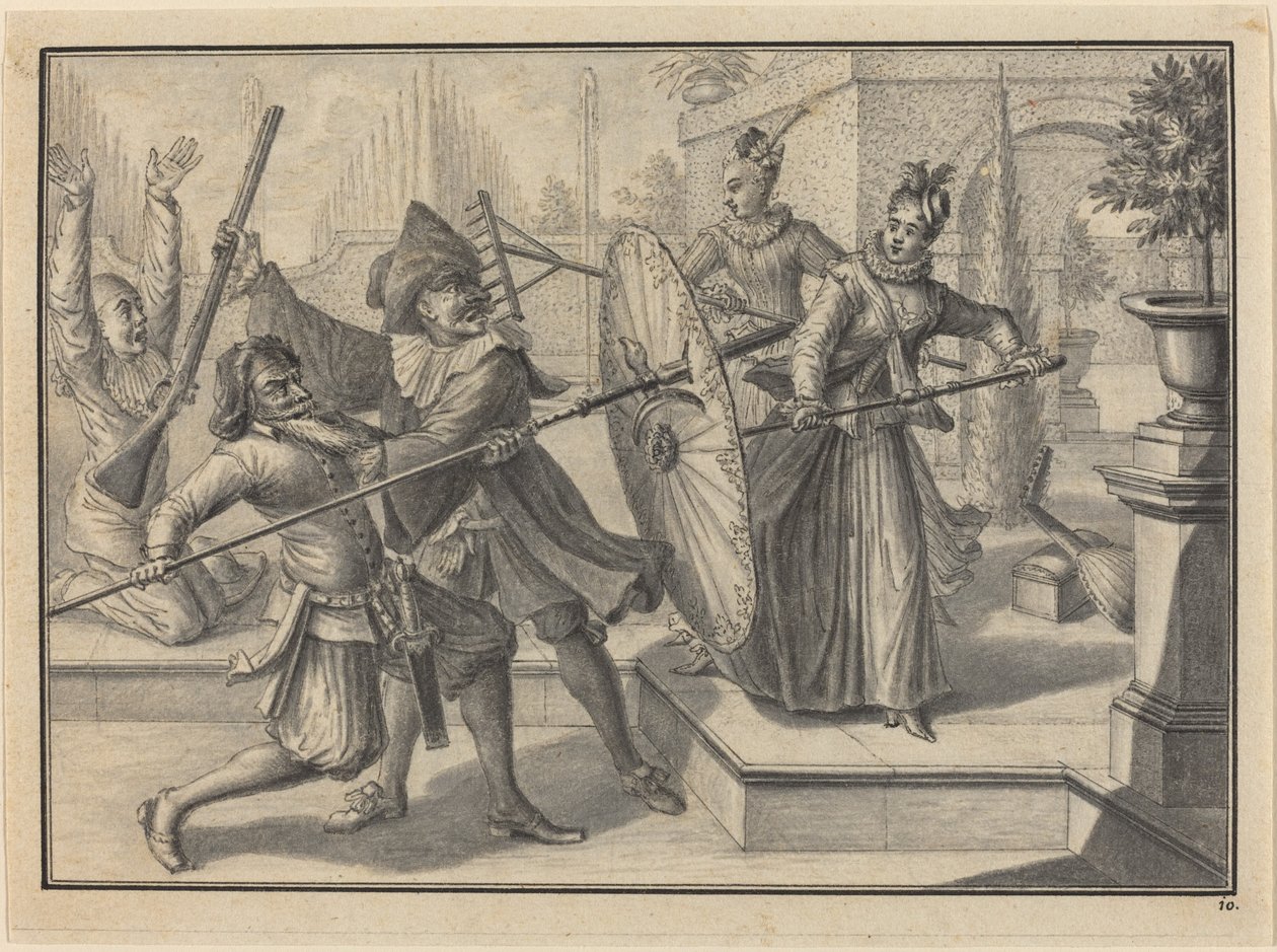 Pantaloon og legen slåss med akeje og brigatella i hagen av Johann Jacob Schubler