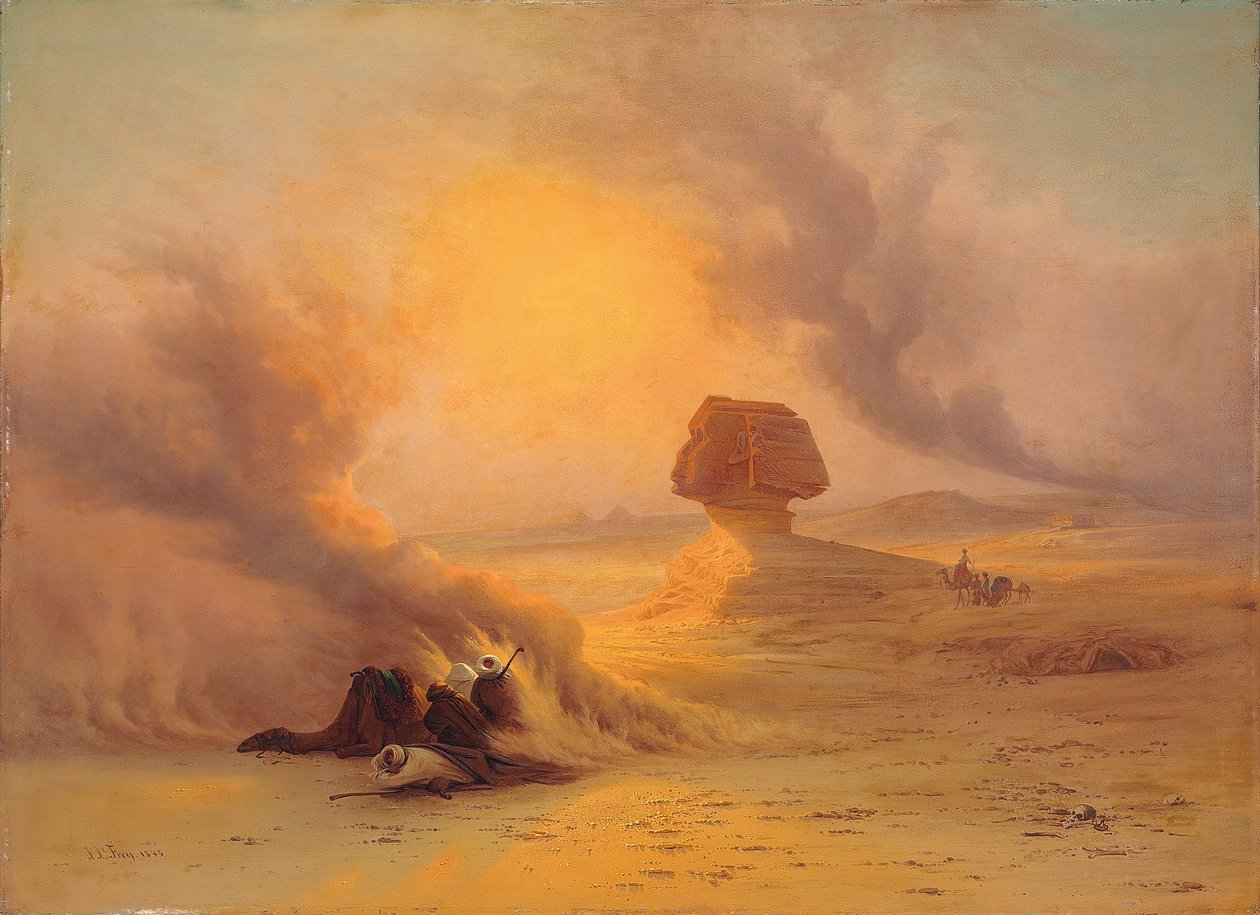 En campingvogn fanget i Sinum-vinden nær Gizah av Johann Jakob Frey