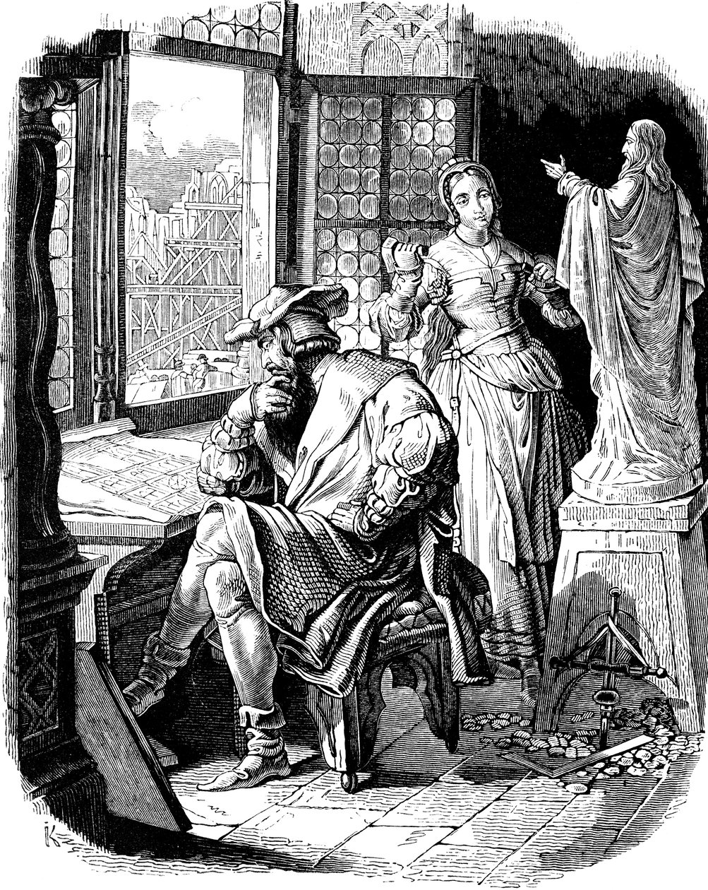 Arkitekt Erwin von Steinbach med datteren Sabina Illustrasjon fra det tyske folkets historie av E. Duller, 1840 av Johann Jakob Kirchhoff