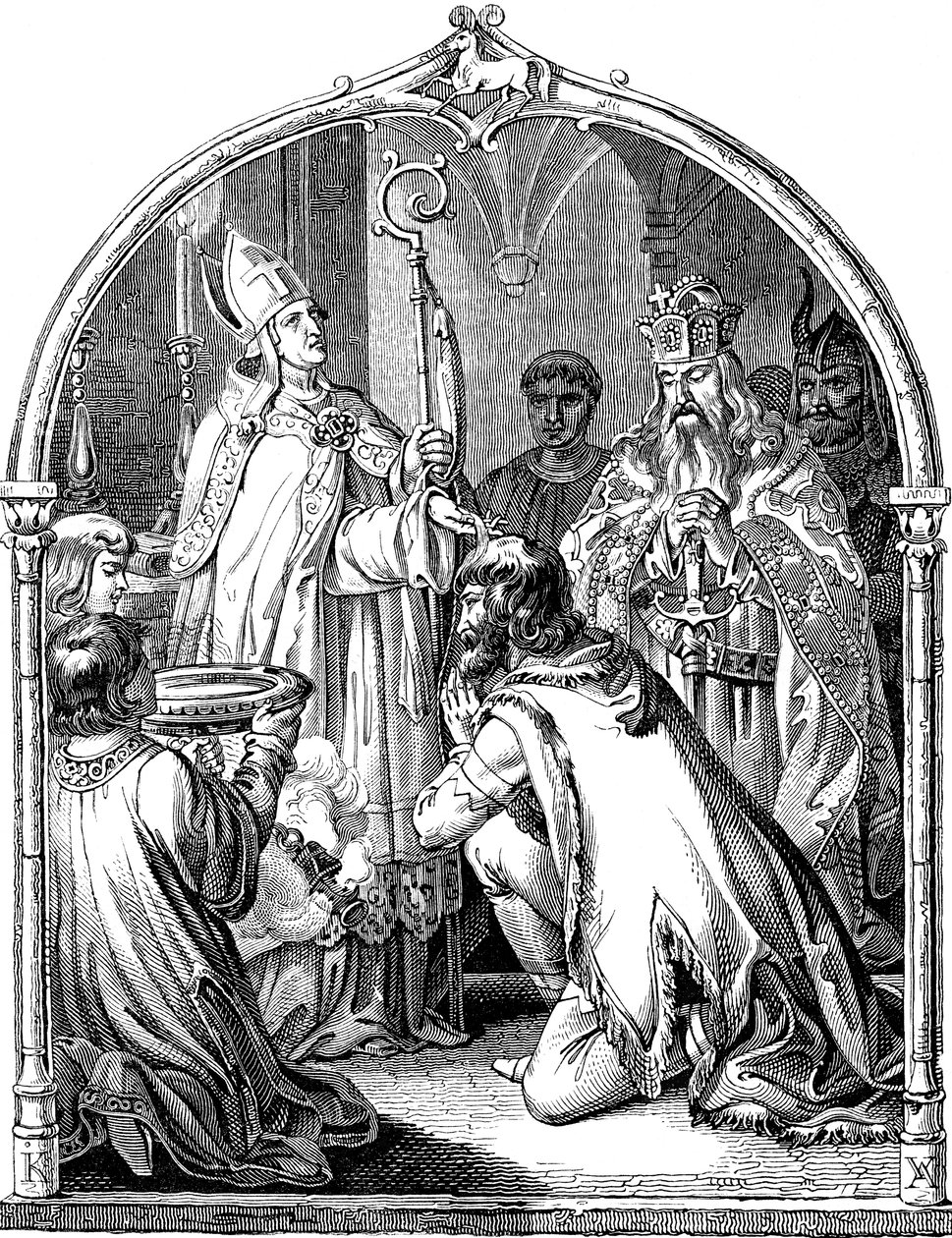 Dåp av saksisk leder Widukind Illustrasjon fra det tyske folks historie av E. Duller, 1840 av Johann Jakob Kirchhoff