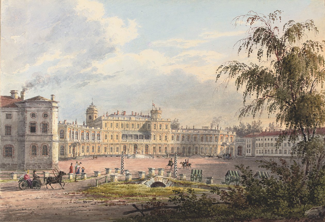 Det keiserlige palass, Gatchina (blyant og akvarell forsterket med hvitt og gummi arabicum på papir) av Johann Jakob Meier