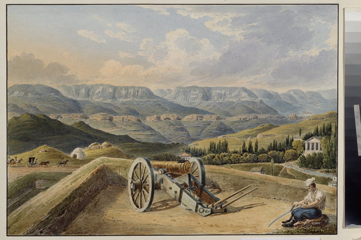 Kislovodsk festning (Nord-Kaukasus). Batteri i fjellet. Kislovodsk festning. Batteri i fjellet. Verk av Johann Jakob Meier (1787-1858), akvarell på papir, rundt 1843. Tysk kunst fra 1800-tallet. State A. Pushkin Museum of Fine av Johann Jakob Meyer