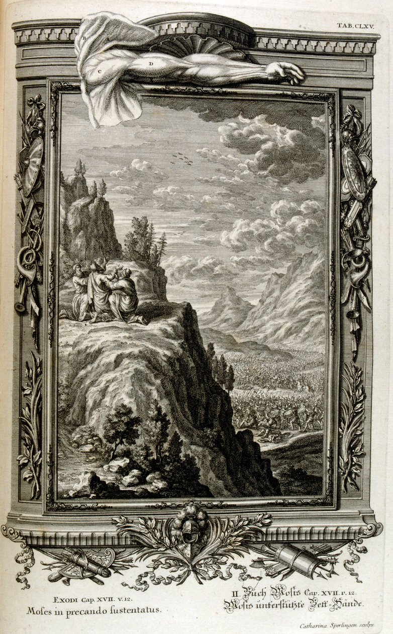 Aron og Hur støtter Moses hånd på Sinai, da israelittene flyktet inn i Sinai, utvandring fra Egypt av Johann Jakob Scheuchzer
