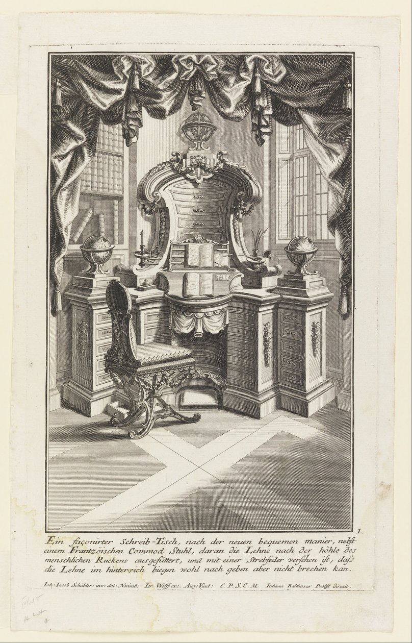 Et formet skrivebord, ... (skrivebord og stol) av Johann Jakob Schübler