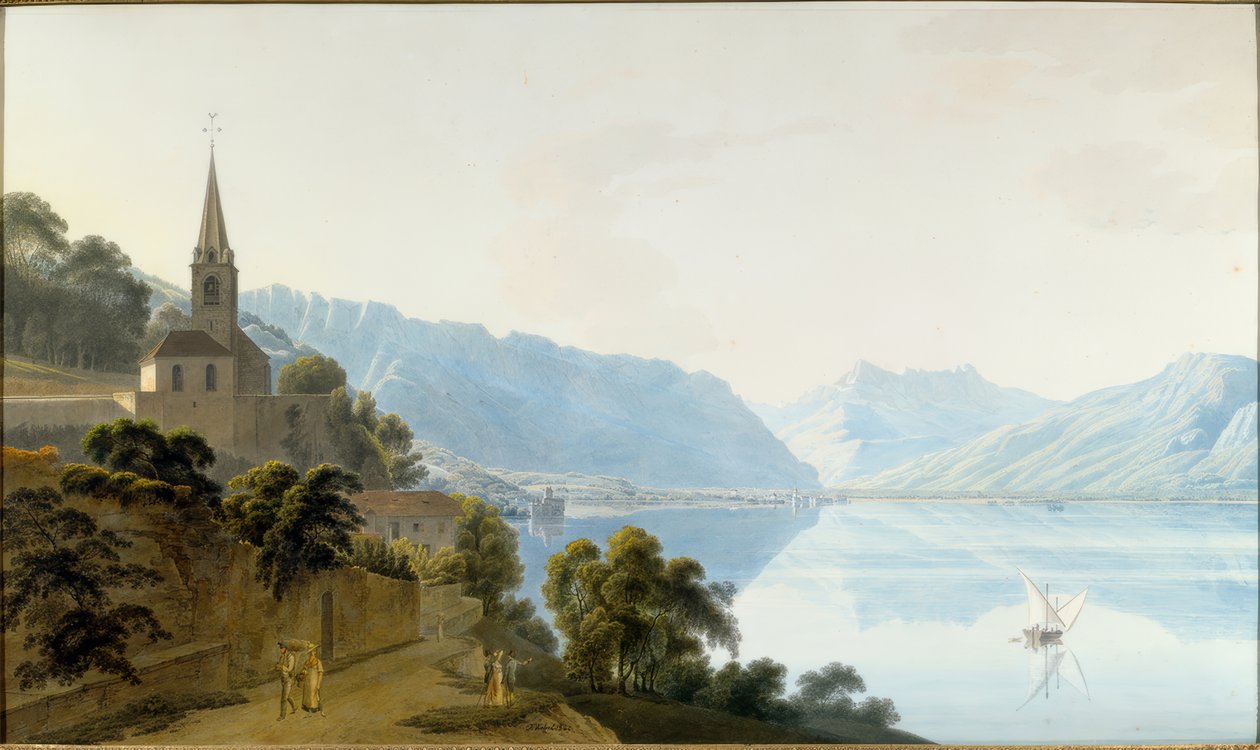 Kirken Les Planches, Chillon, Villeneuve og Dents du Midi av Johann Jakob Wetzel
