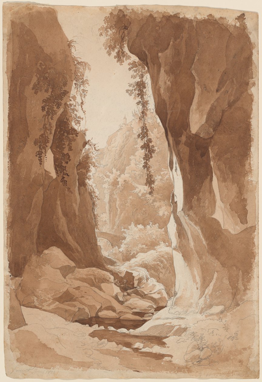 Klipper som overhenger en elvekløft nær Sorrento (recto) av Johann Joachim Faber