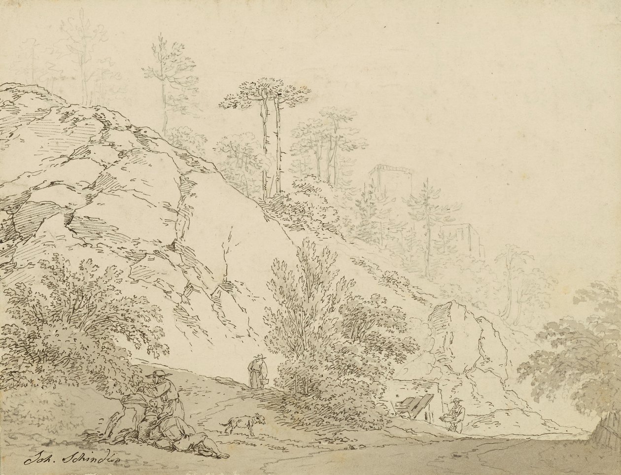 Bønder hviler i steinete terreng, bakgrunnslott av Johann Josef Schindler