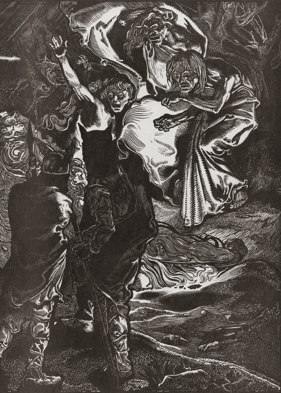Macbeth og Banquo møter de tre heksene, 1900-tallet (gravering) av Johann Joseph Aarts