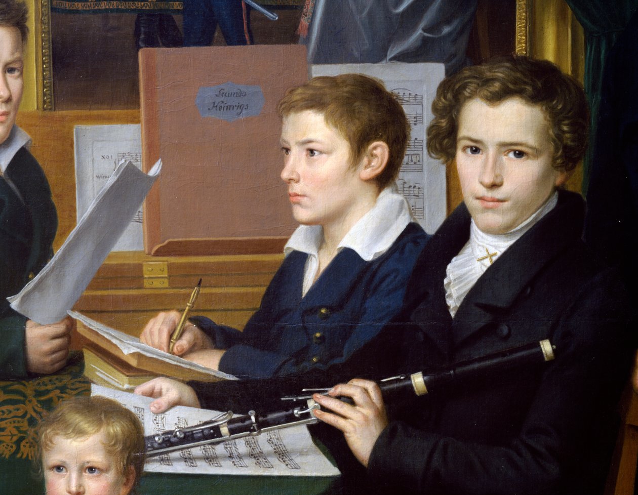 Gutt med fløyte, detalj av The children of the calligrapher Heinrings av Johann Kaspar Benedict Beckenkamp