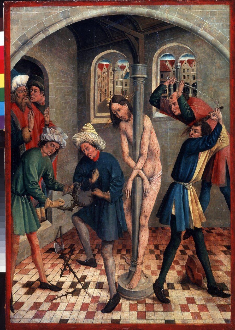 Kristi flagellasjon. Menn som lager tornekronen mens andre pisker Jesus festet til søylen, med forskjellige pisker. Maleri av Johann Koerbecke (mellom 1415 og 1491), før 1457. Tempera på tre. tysk kunst av Johann Koerbecke
