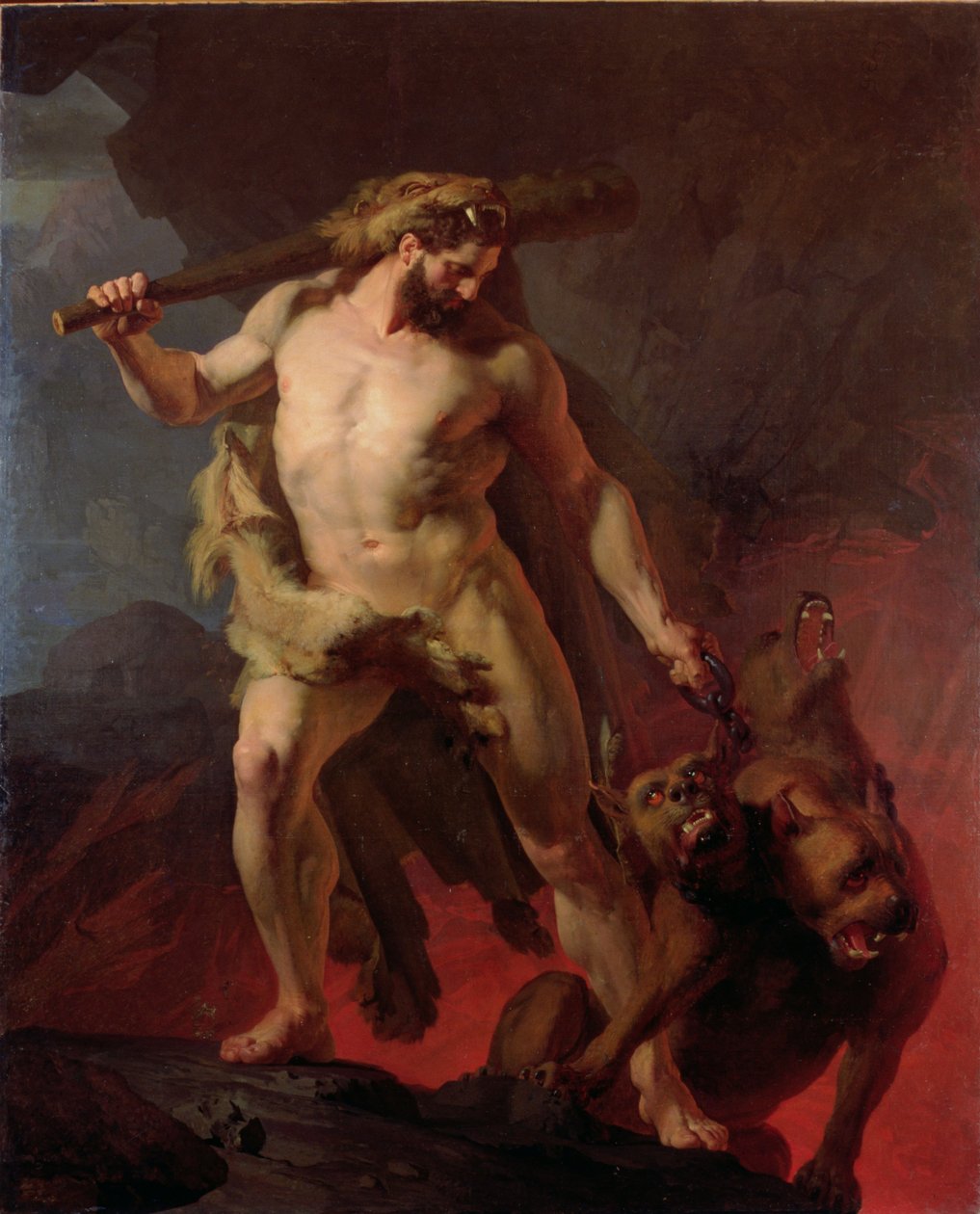 Hercules fjerner Cerberus fra portene til helvete, 1855 av Johann Koler