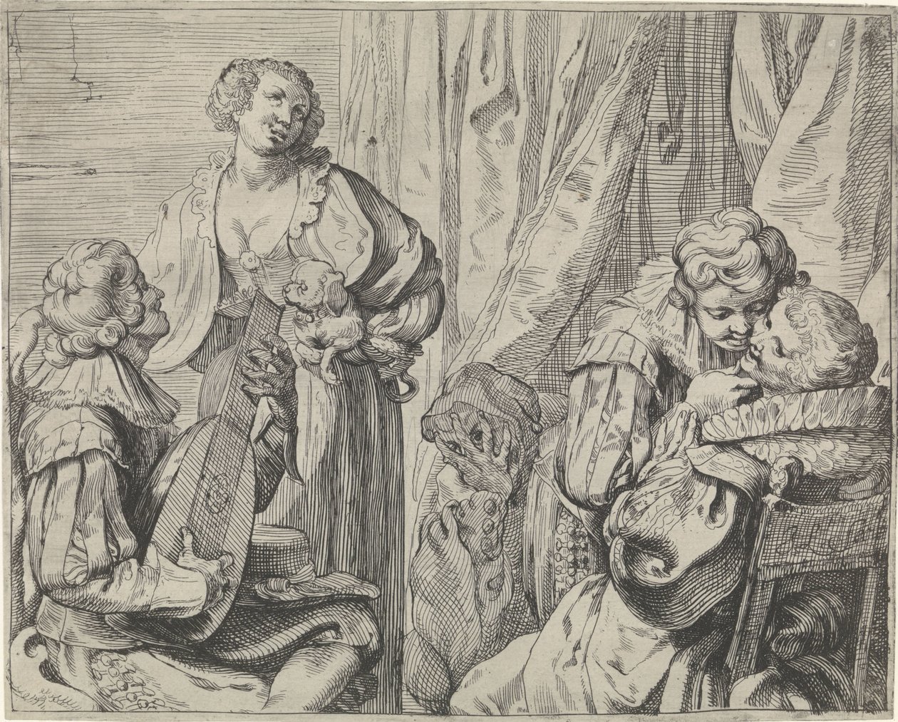 Unge forelskede par og en tosk i et interiør av Johann Liss
