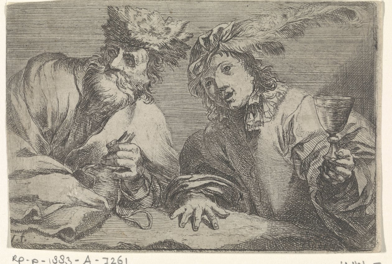 Gammel og ung mann ved et bord av Johann Liss