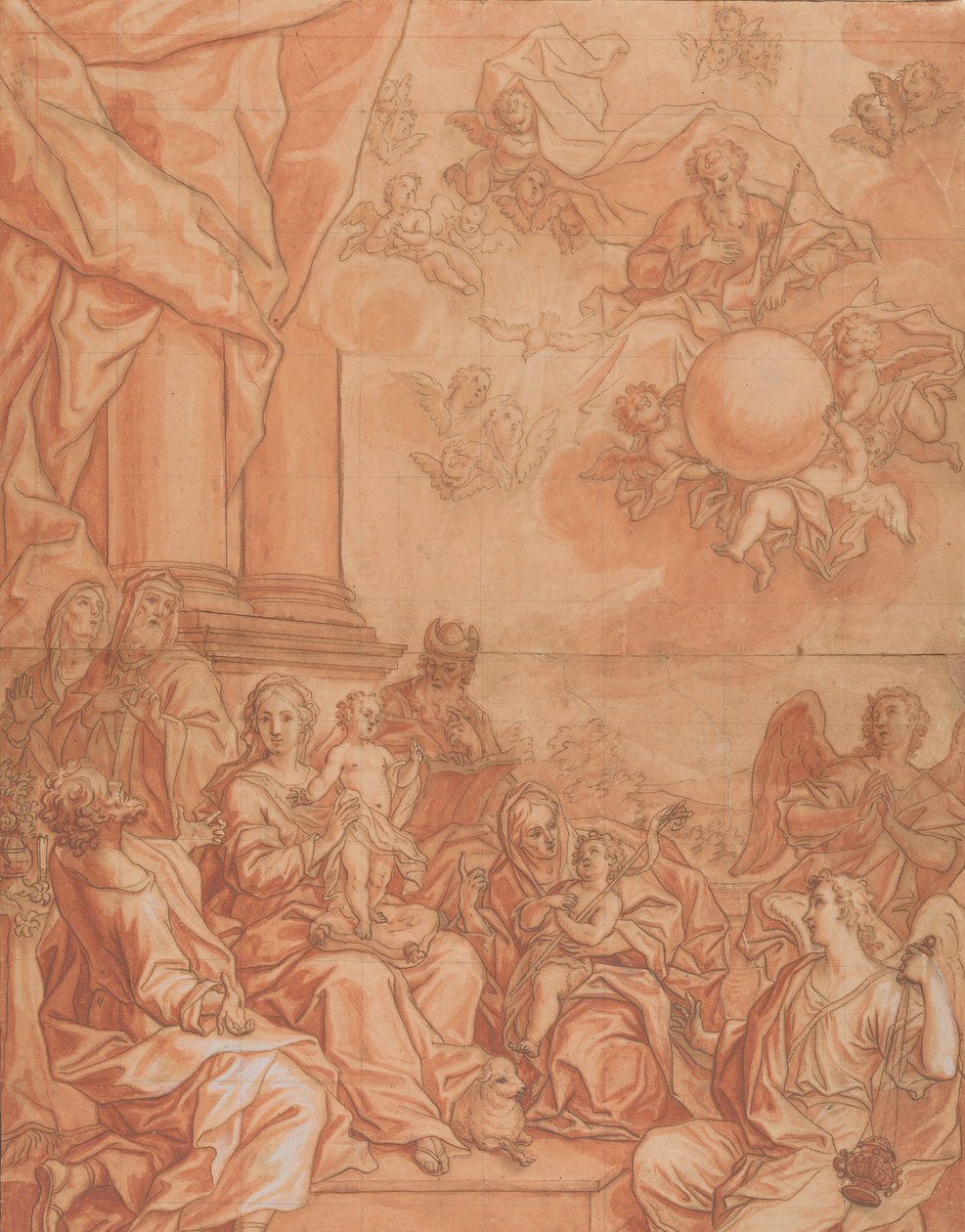 Jomfruen og barnet med hellige og engler, og Gud Faderen i himmelen, midten av 1700-tallet. av Johann Lorenz Haid