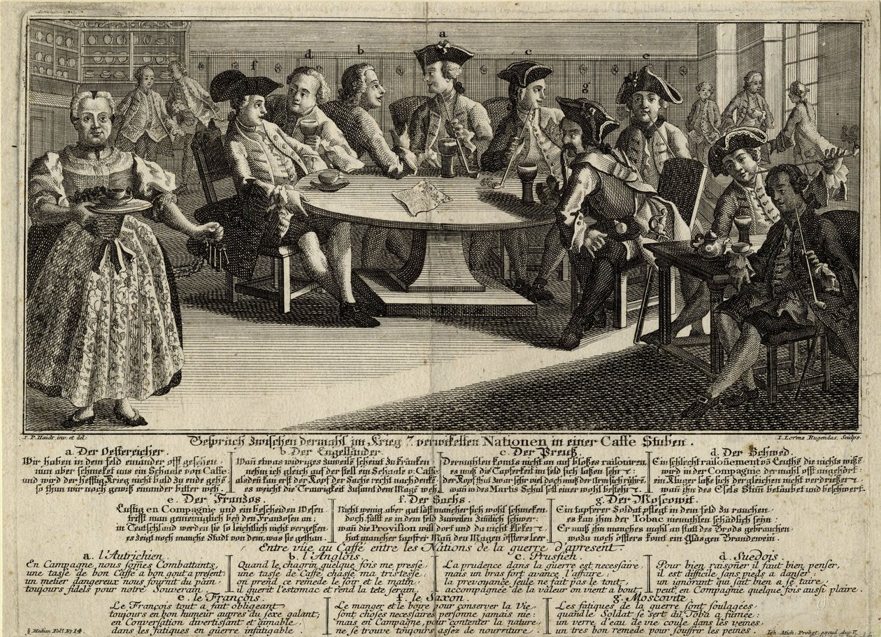 Samtale mellom 7 nasjoner involvert i krigen på en kafé, 1757 av Johann Lorenz Rugendas the Elder