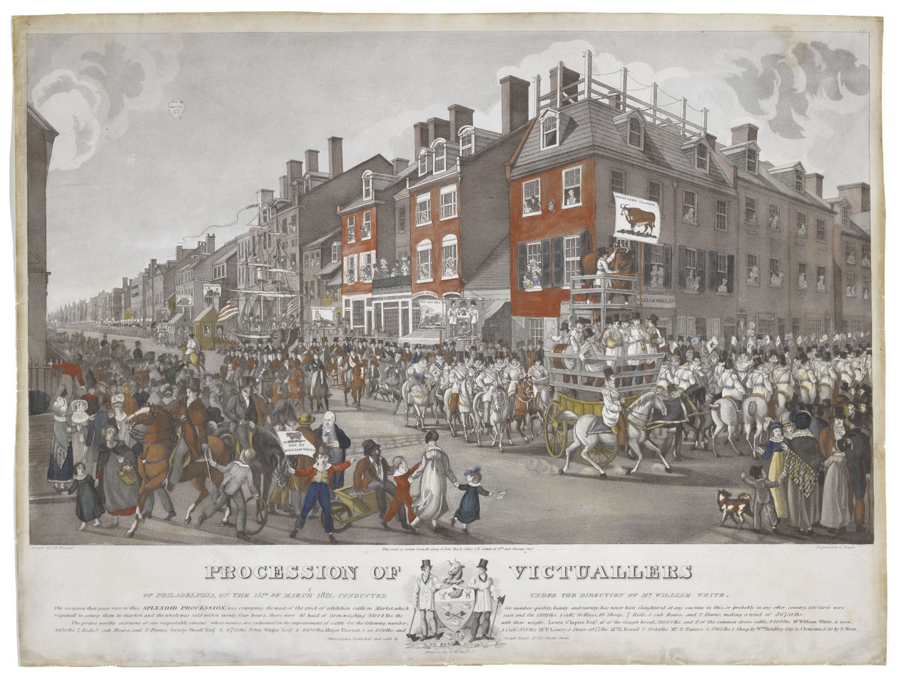 Procession of Victuallers of Philadelphia, den 15. mars 1821, ca. 1821-1822 (radering med akvatint og håndfarging på papir) av Johann Ludwig  Krimmel