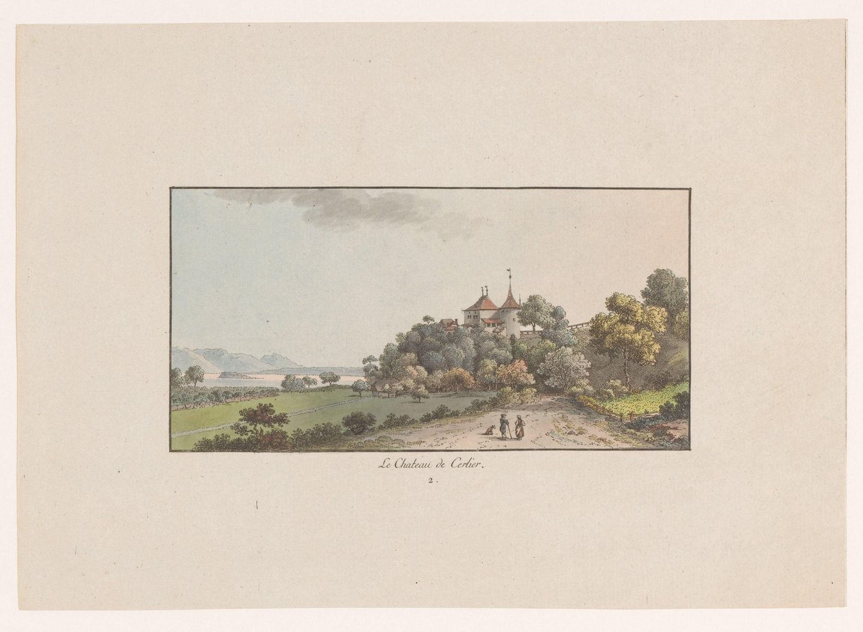 Utsikt over Chateau de Cerlier i Erlach Le Chateau de Cerlier (tittel på objekt) Utsikt over Sveits (serietittel) Collection de quelques vues dessinées en Suisse d