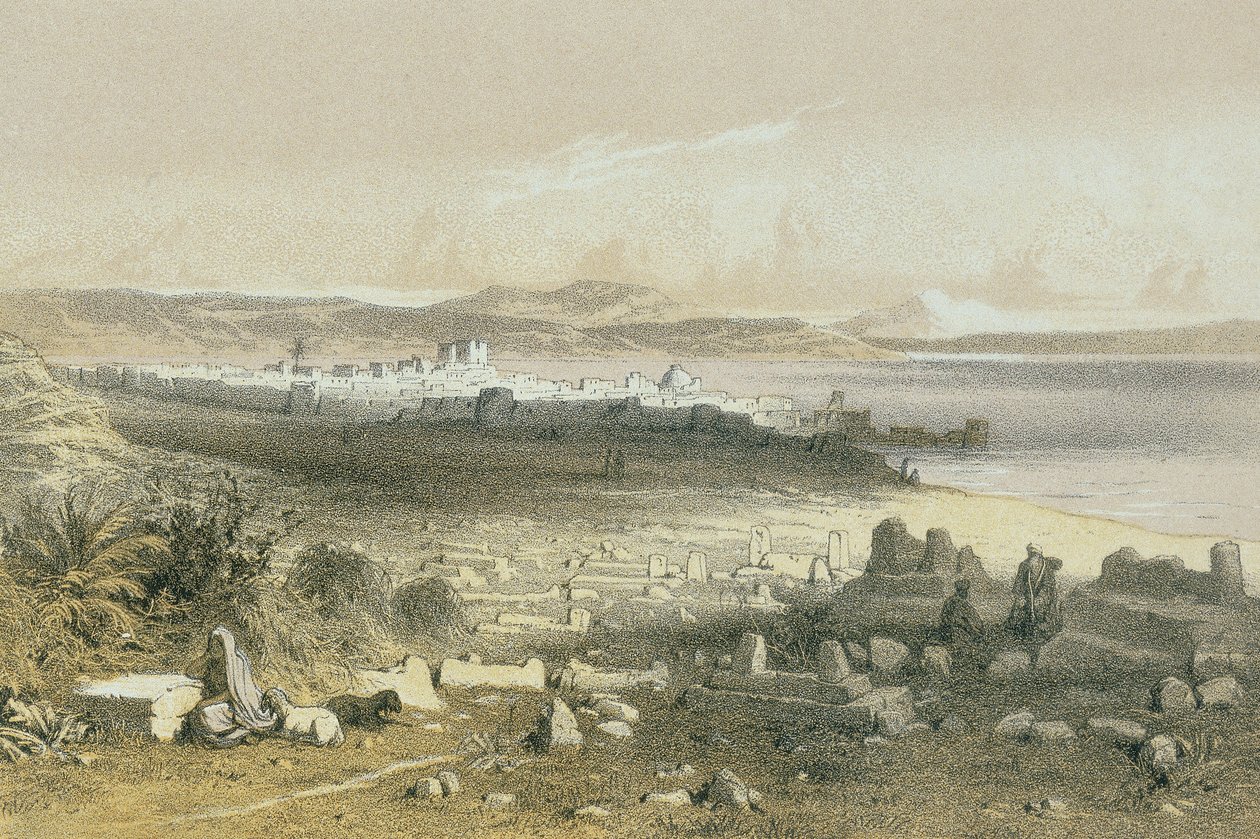 Tiberias i en etsning av Schacher-Steinkopk J.F. Editore av Johann Martin Bernatz