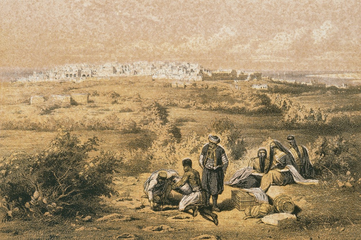Utsikt over Haifa. Etsning av Bernatz et alii - Steinkopk J.F. Redaktør av Johann Martin Bernatz