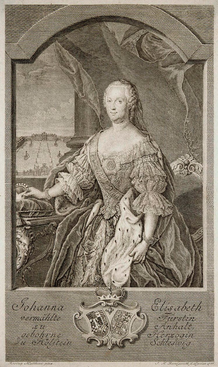Portrett av Johanna-Elizabeth, kurfyrste av Anhalt-Zerbst 1712-1760, mor til Katarina II, 1756. av Johann Martin Bernigeroth
